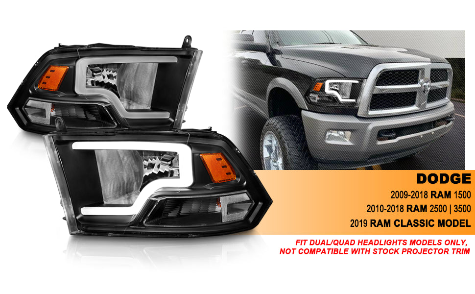 DODGE RAM 09-20 LIGHT BAR STYLE HEADLIGHTS BLACK HOUSING G2 AMBER  (HALOGEN TYPE)