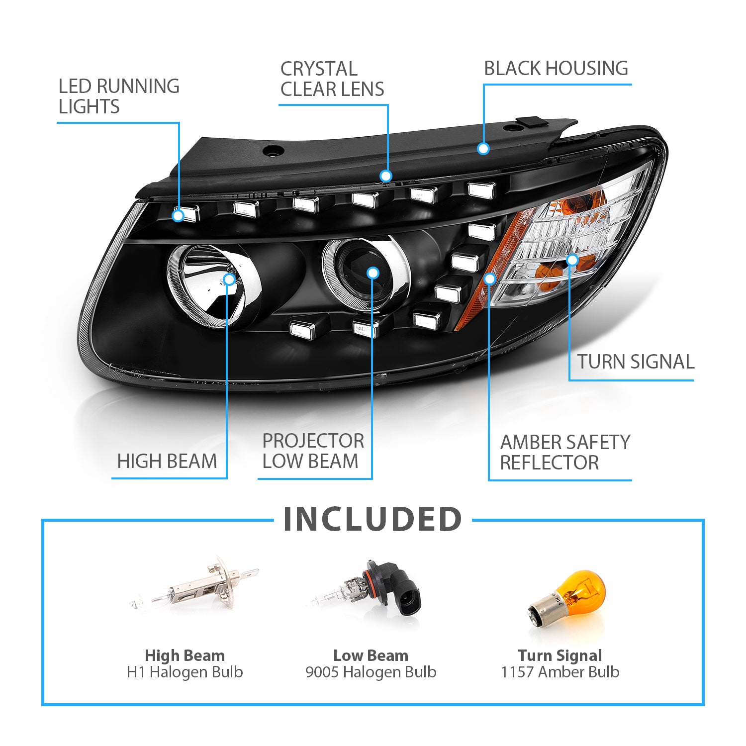 HYUNDAI SANTA FE PROJECTOR HEADLIGHTS BLACK AMBER (ONLY FITS MODELS BEFORE 7/11/2007)