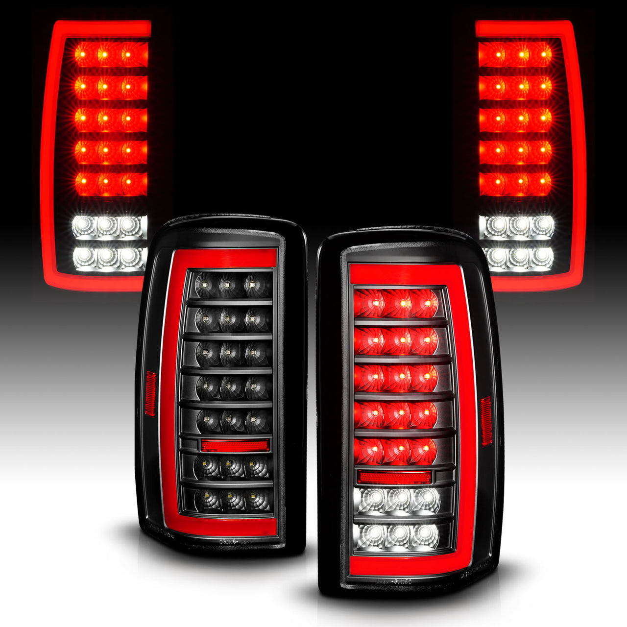 CHEVY TAHOE/SUBURBAN/GMC DENALI 00-06 LED TAIL LIGHTS G4 BLACK HOUSING CLEAR LENS W/C-LIGHT BAR