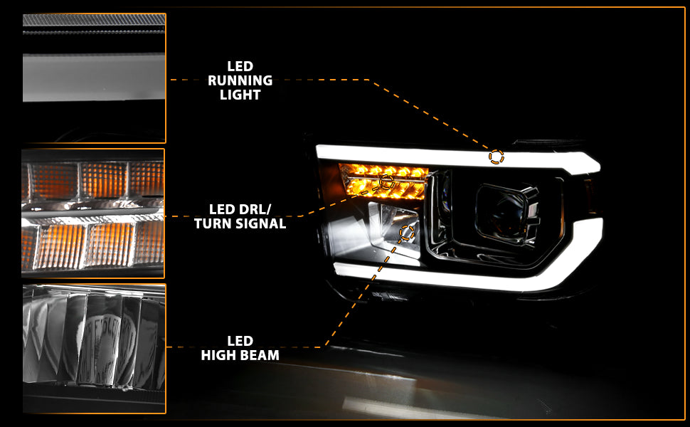 TOYOTA TUNDRA 07-13/SEQUOIA 08-17 PROJECTOR LIGHT BAR STYLE HEADLIGHTS BLACK AMBER (LED HIGH BEAM) (BULB VERSION)