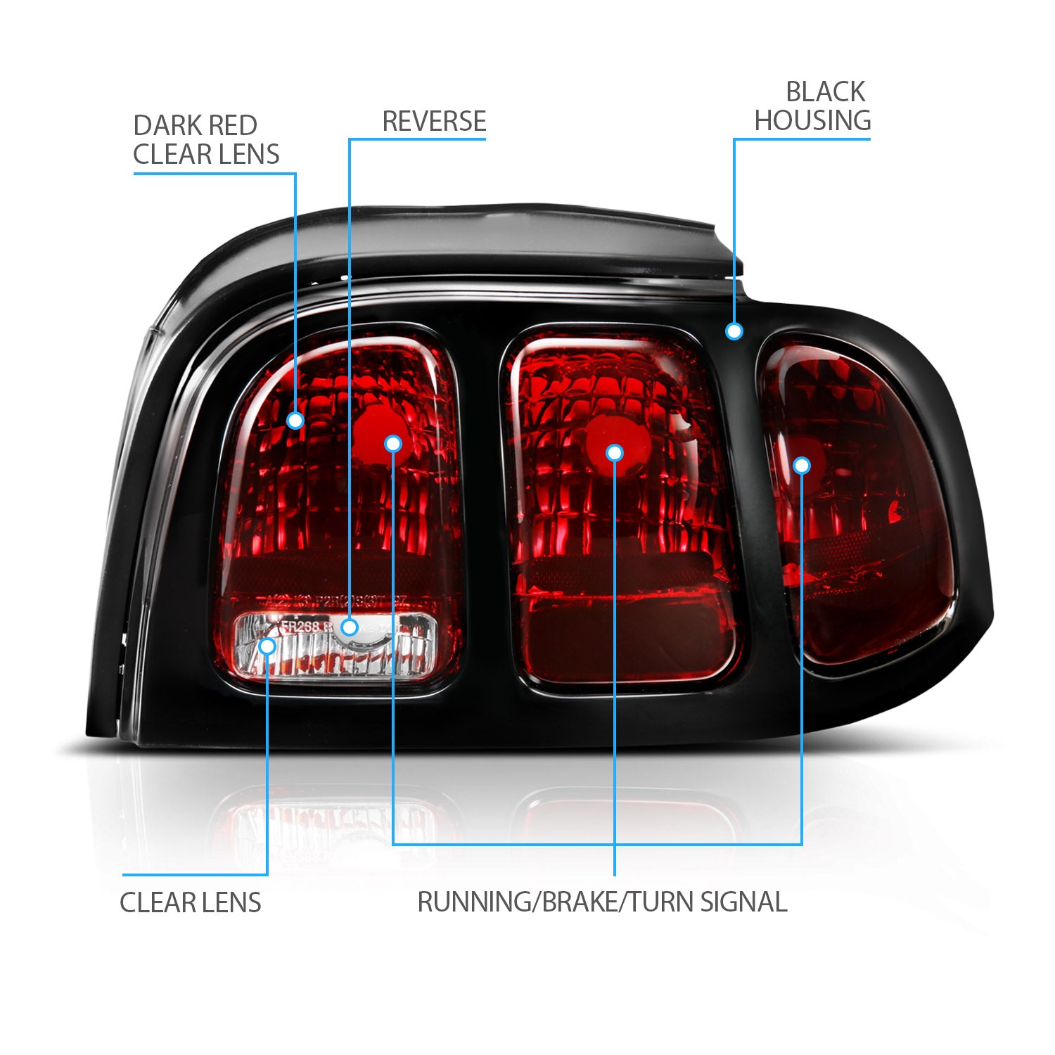 FORD MUSTANG 96-98 TAIL LIGHTS DARK RED (OE STYLE)