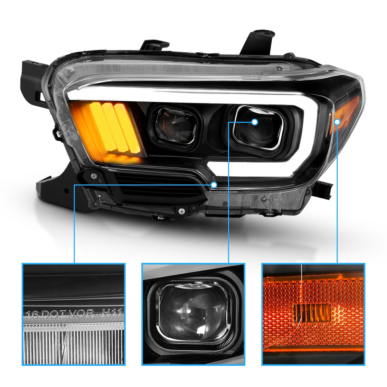 TOYOTA TACOMA 16-23 PROJECTOR LIGHT BAR STYLE HEADLIGHTS BLACK AMBER (W/ DRL) (HIGH MODEL)