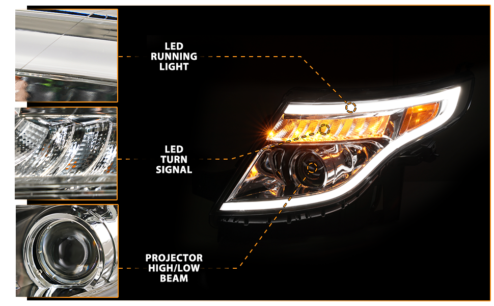 FORD EXPLORER 11-15 (13-15 BASE, XLT, LIMITED) PROJECTOR LIGHT BAR STYLE HEADLIGHTS CHROME AMBER