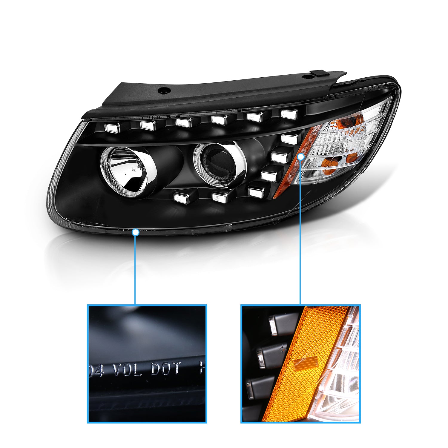 HYUNDAI SANTA FE PROJECTOR HEADLIGHTS BLACK AMBER (ONLY FITS MODELS BEFORE 7/11/2007)