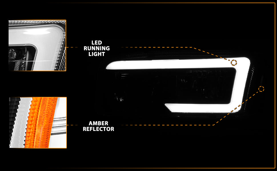 GMC SIERRA/SIERRA DENALI 99-07/SIERRA CLASSIC 2007/ YUKON/YUKON XL/YUKON DENALI 00-06 HEADLIGHTS  BLACK AMBER  (W/ C LIGHT BAR)