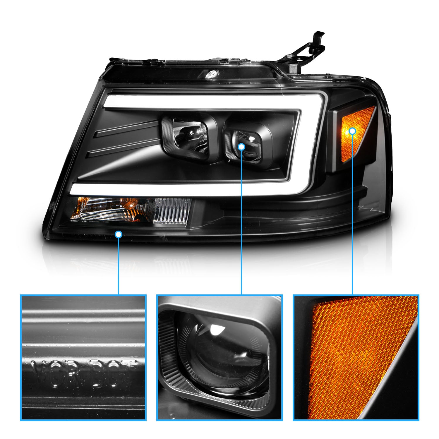FORD F150 04-08/ LINCOLN MARK LT 06-07 PROJECTOR HEADLIGHTS BLACK AMBER(C LIGHTS BAR)