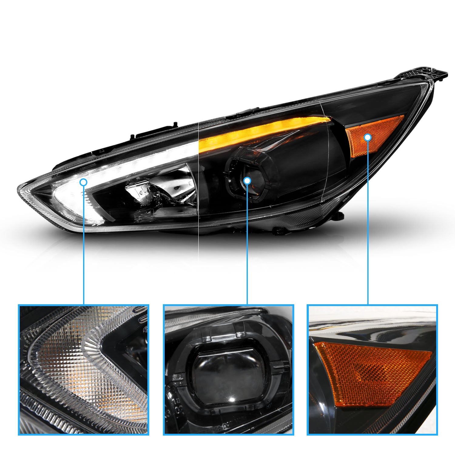FORD FOCUS 15-18 PROJECTOR SWITCHBACK HEADLIGHTS BLACK AMBER W/DRL (FIT FOR HALOGEN VERSION)
