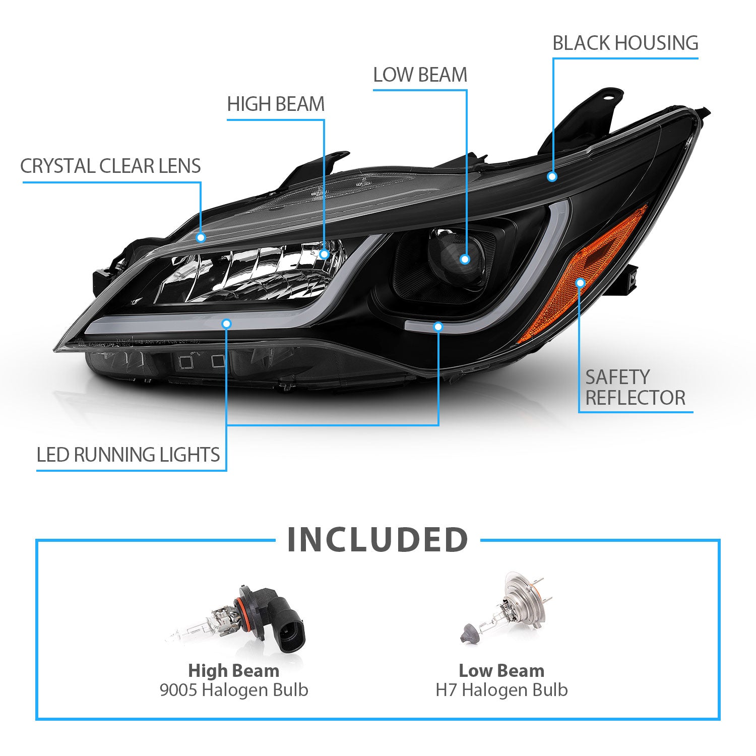 TOYOTA CAMRY 15-16 4DR PROJECTOR LIGHT BAR STYLE HEADLIGHTS BLACK AMBER