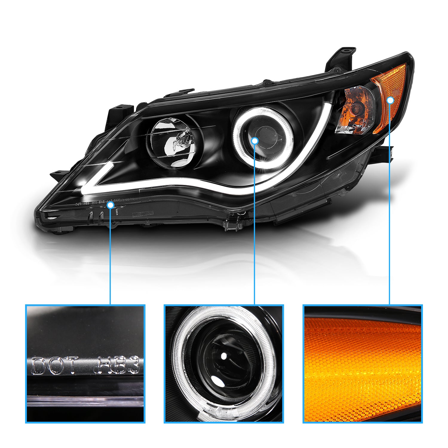 TOYOTA CAMRY 12-13 PROJECTOR HEADLIGHTS HALO BLACK CLEAR AMBER