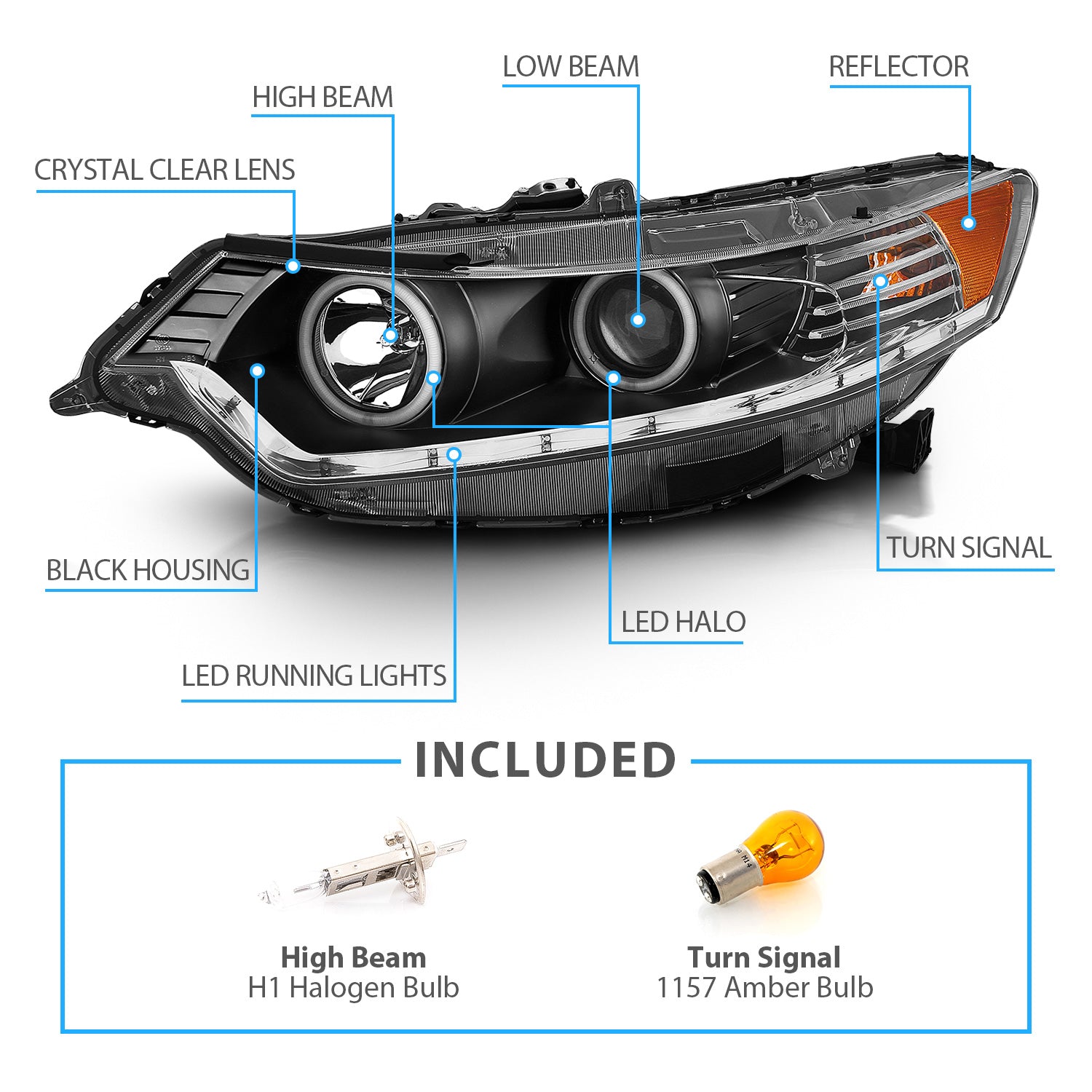 ACURA TSX 09-10 PROJECTOR HEADLIGHTS HALO BLACK CLEAR AMBER (OEM HID COMPATIBLE) (RX HALO)