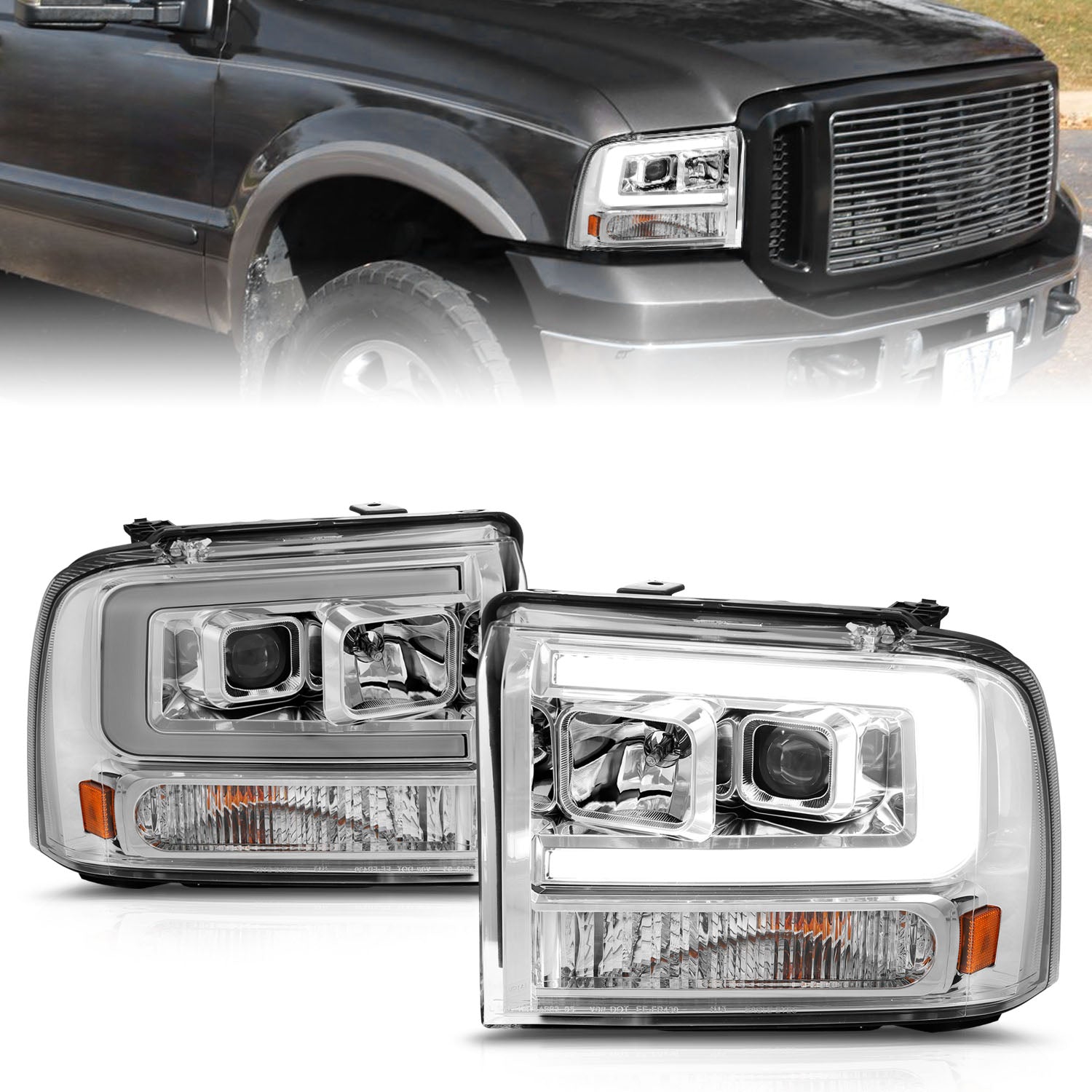 FORD F-250/350/450/550 SUPERDUTY 05-07/EXCURSION 2005 PROJECTOR HEADLIGHTS CHROME AMBER (W/ C LIGHTS BAR)