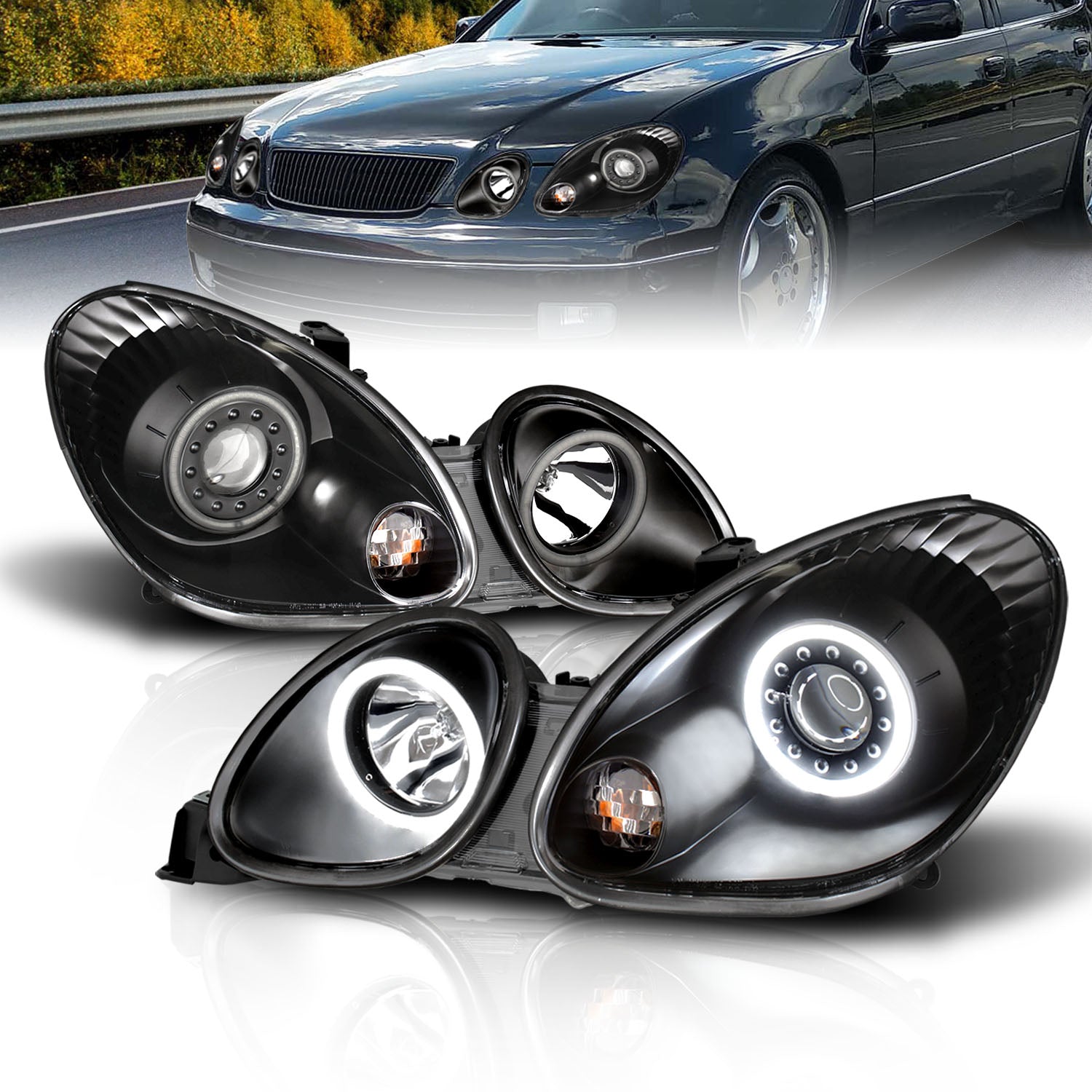 LEXUS GS 300/400 98-05 PROJECTOR HEADLIGHTS HALO BLACK CLEAR (RX HALO)