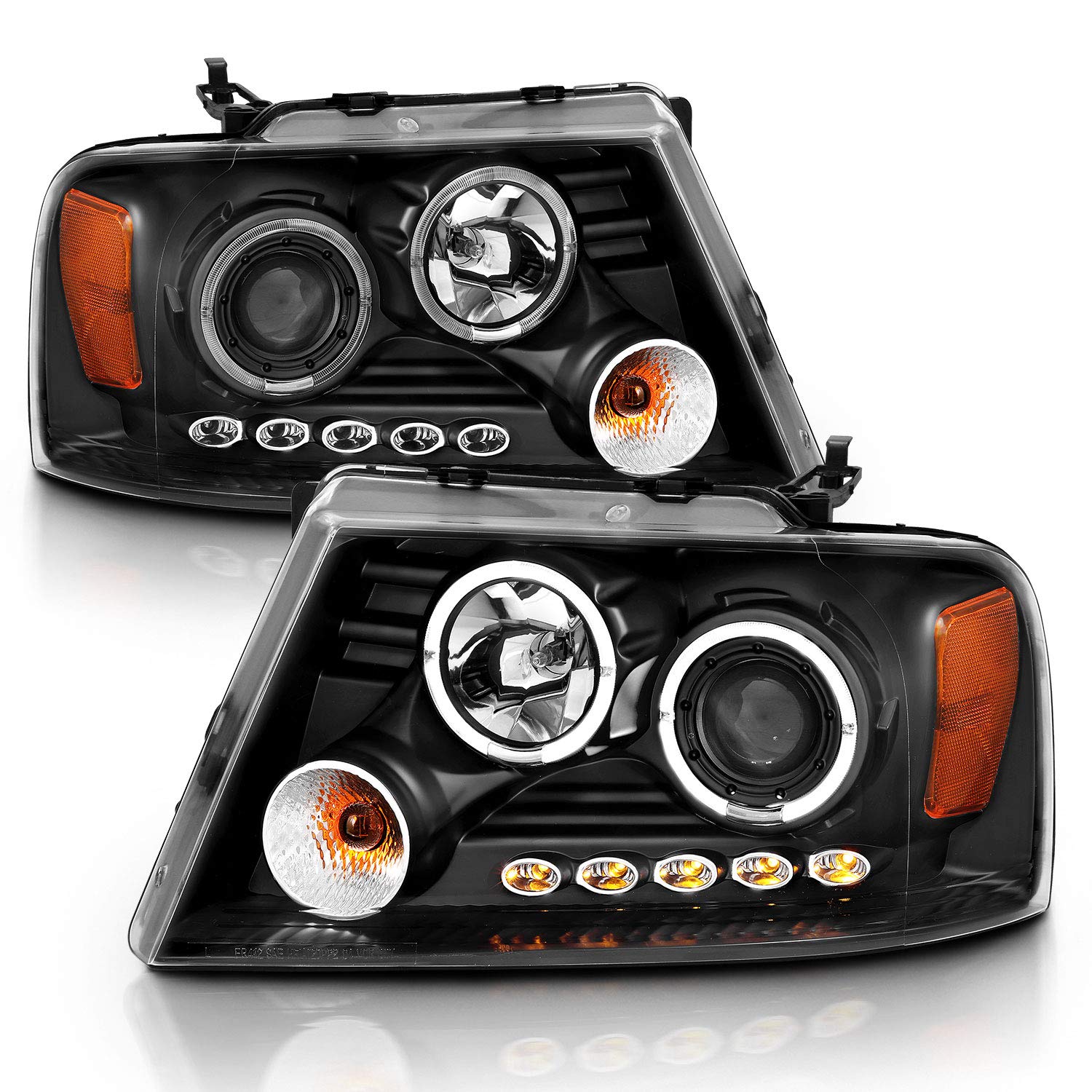 FORD F-150 04-08 PROJECTOR HEADLIGHTS 2 HALO LED BLACK CLEAR AMBER