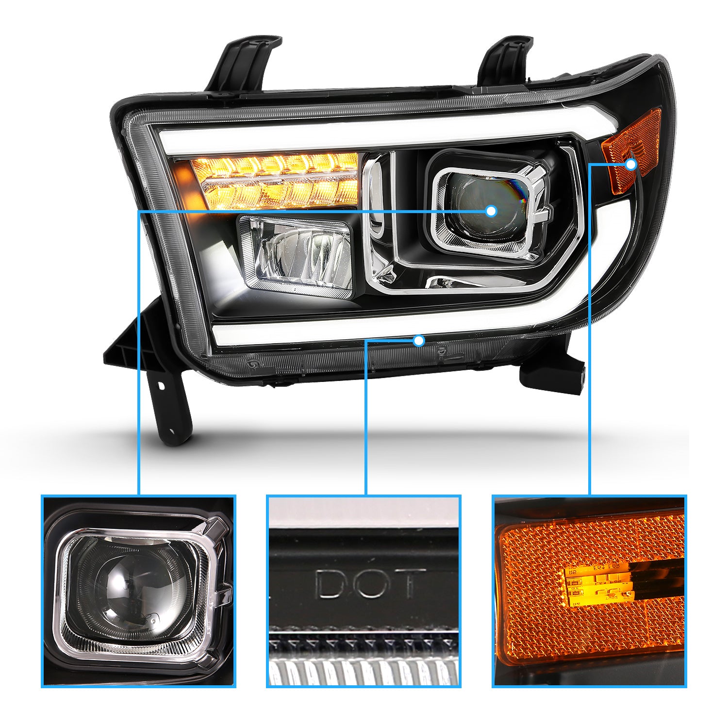 TOYOTA TUNDRA 07-13/SEQUOIA 08-17 PROJECTOR LIGHT BAR STYLE HEADLIGHTS BLACK AMBER (LED HIGH BEAM) (BULB VERSION)