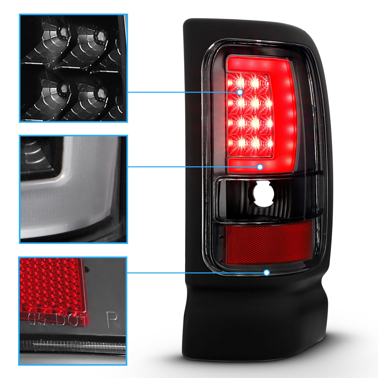 DODGE RAM 94-01  LED TAIL LIGHTS BLACK HOUSING CLEAR LENS W/ C LIGHT BAR