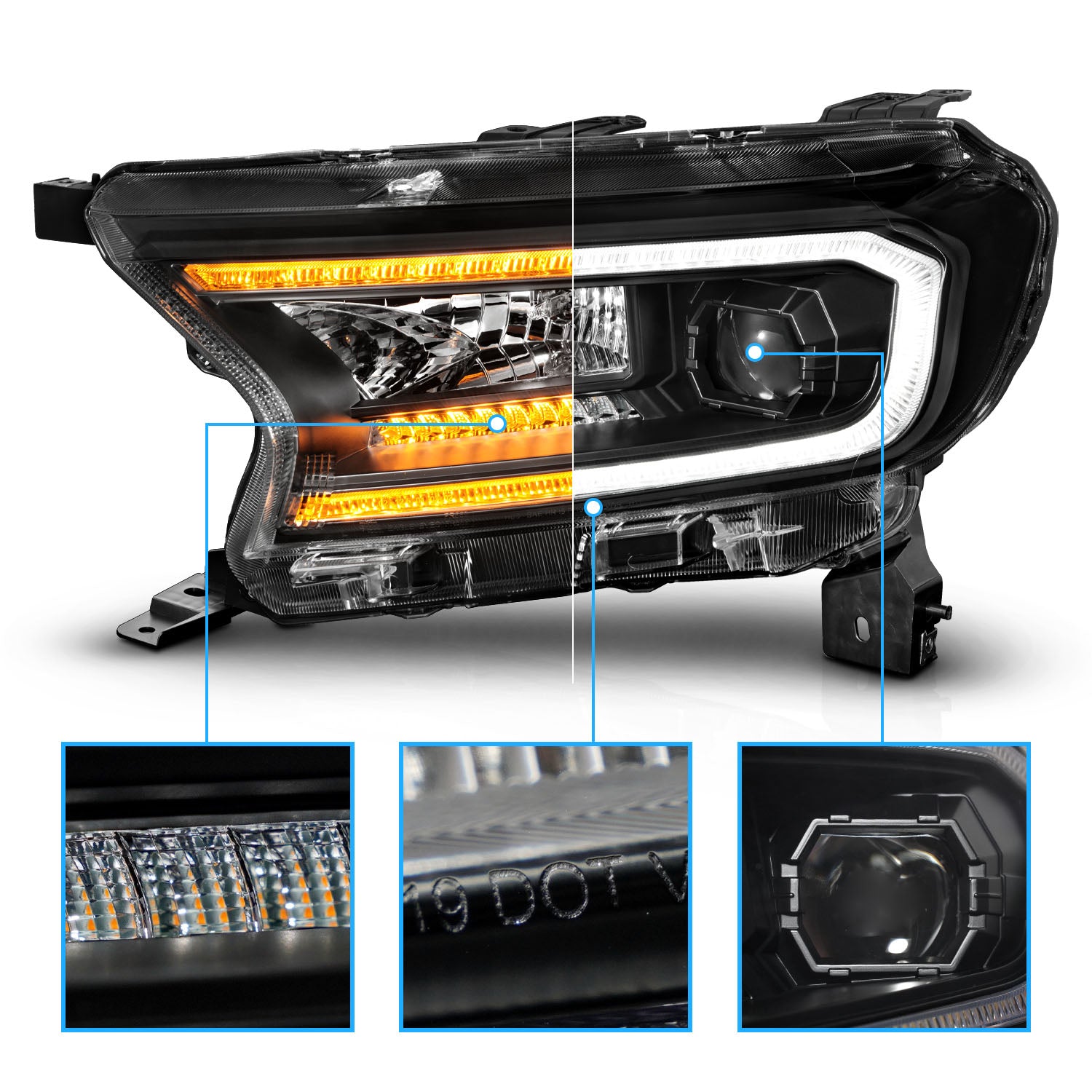 FORD RANGER 19-23 PROJECTOR HEADLIGHTS BLACK HOUSING CLEAR LENS SEQUENTIAL LIGHT BAR W/DRL