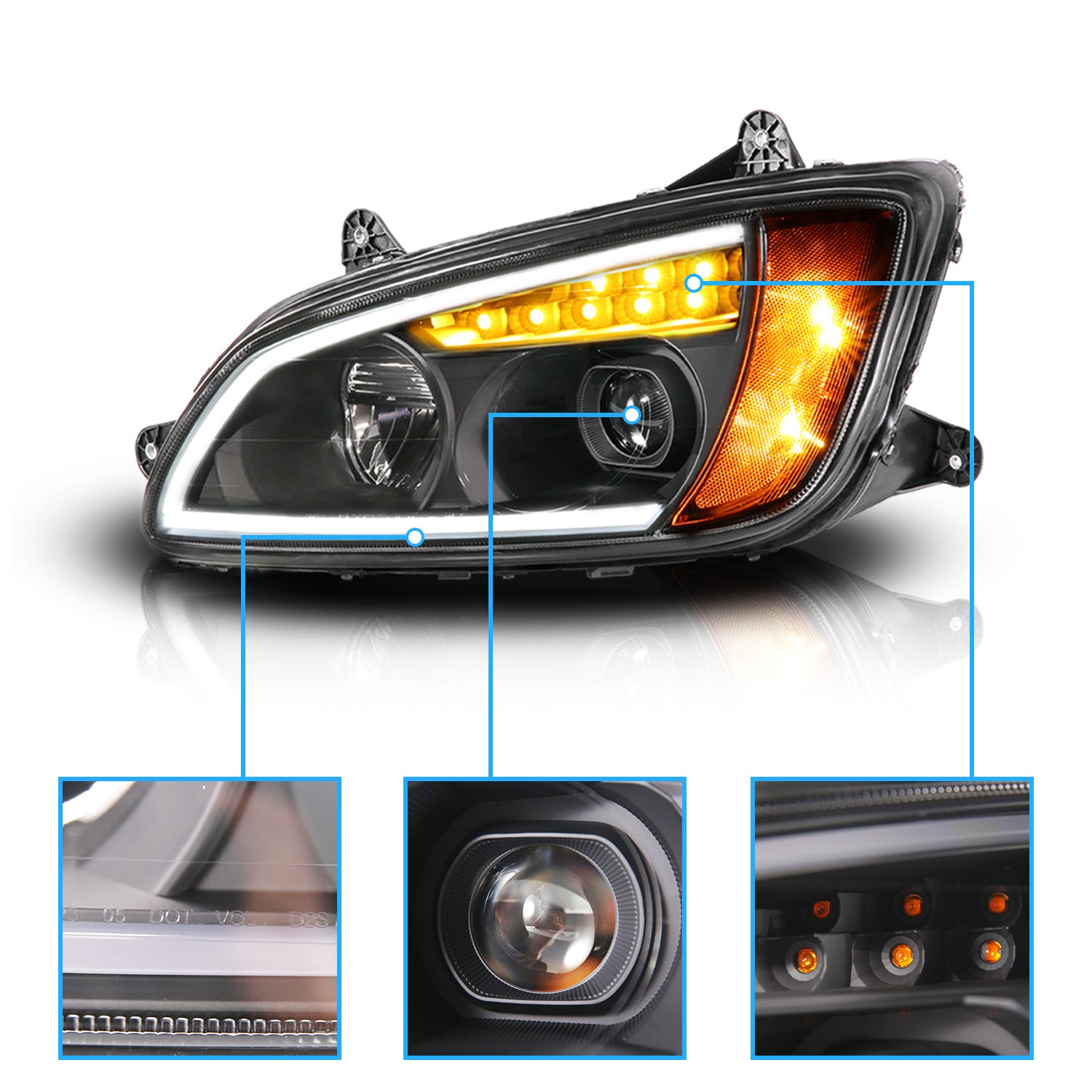KENWORTH T-660 08-17 FULL LED PROJECTOR PLANK STYLE H.L BLACK AMBER REFLECTOR
