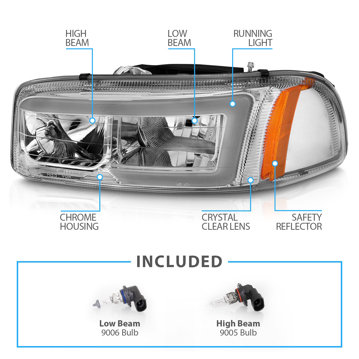 GMC SIERRA/SIERRA DENALI 99-07/SIERRA CLASSIC 2007/ YUKON/YUKON XL/YUKON DENALI 00-06 HEADLIGHTS  CHROME AMBER  (W/ C LIGHT BAR)