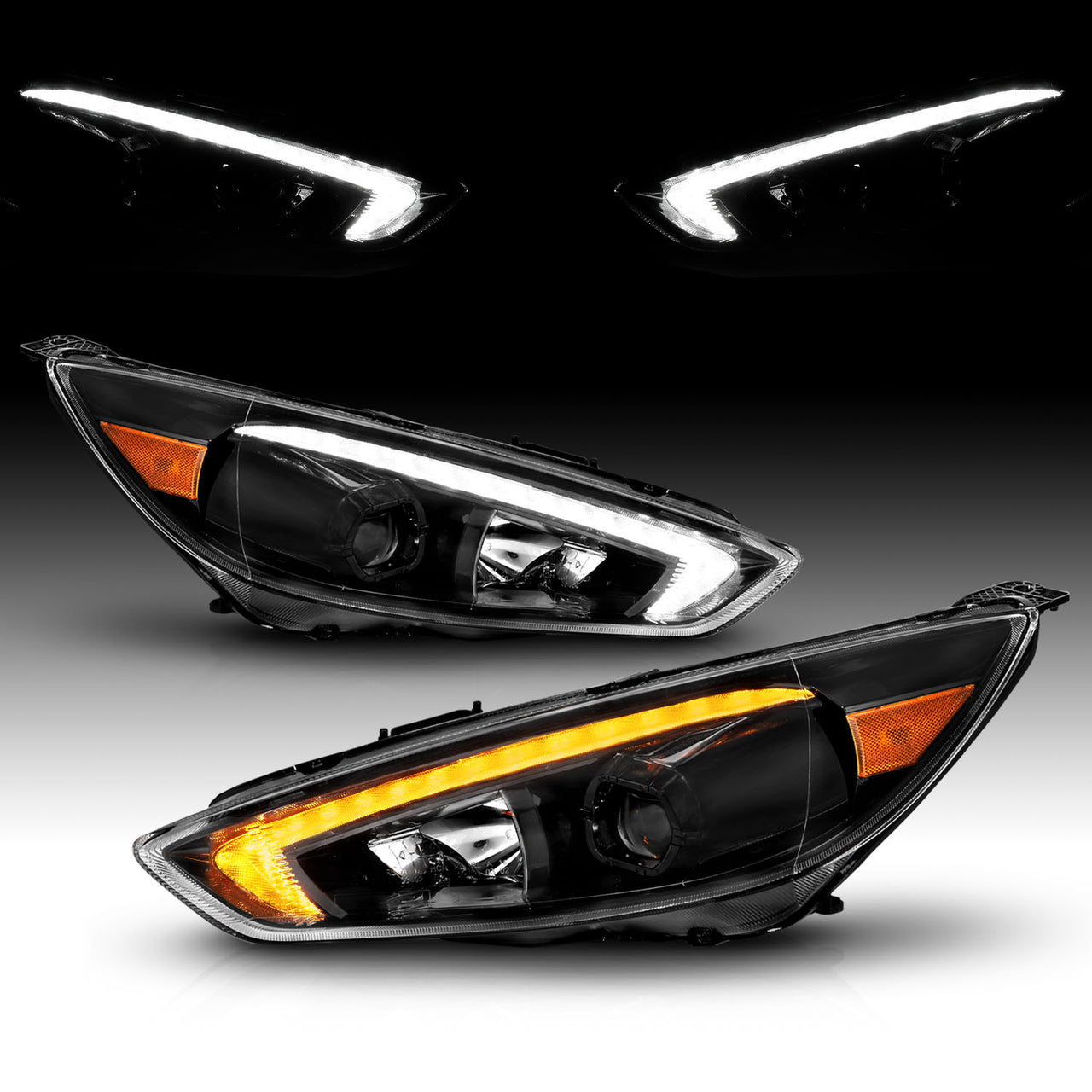 FORD FOCUS 15-18 PROJECTOR SWITCHBACK HEADLIGHTS BLACK AMBER W/DRL (FIT FOR HALOGEN VERSION)