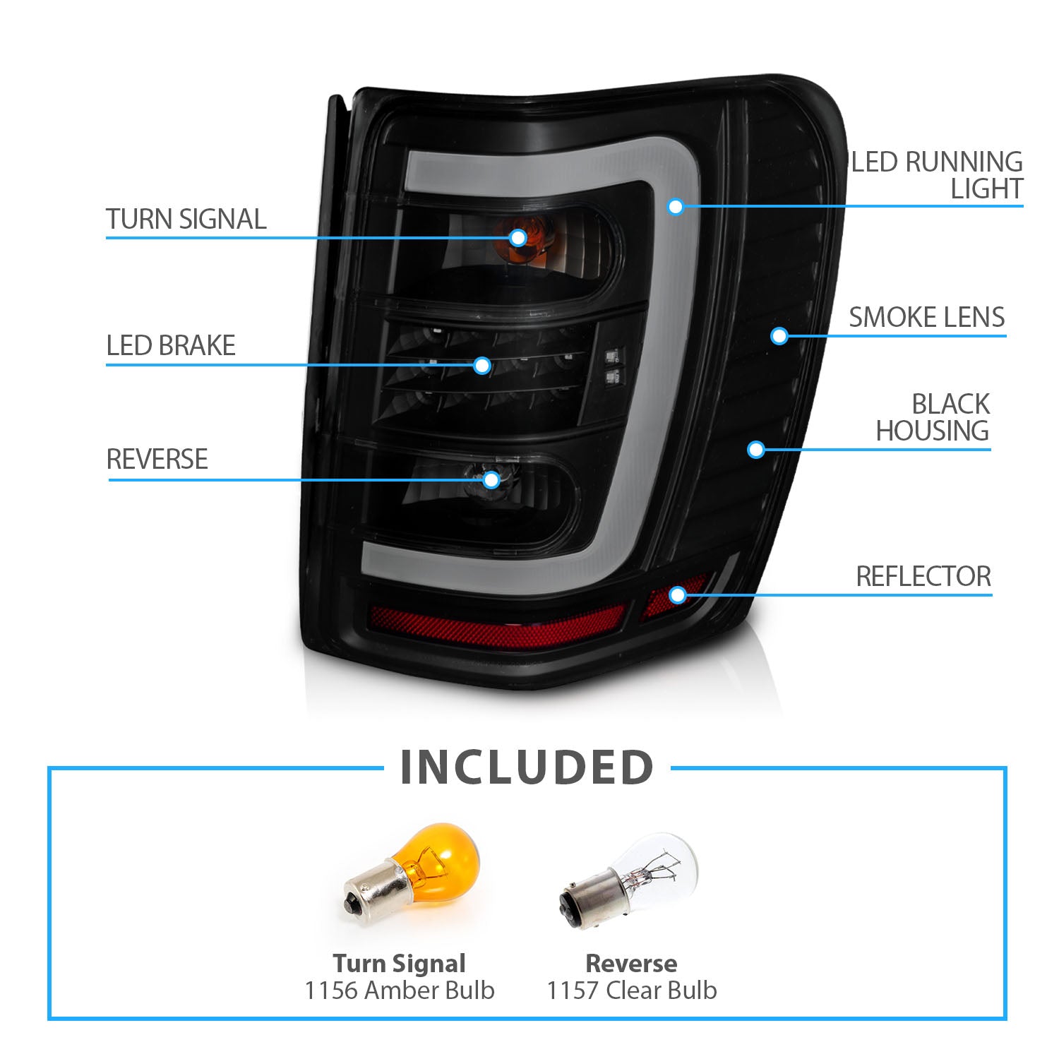JEEP GRAND CHEROKEE 99-04 LED TAIL LIGHTS BLACK HOUSING SMOKE LENS W/ C LIGHT BAR