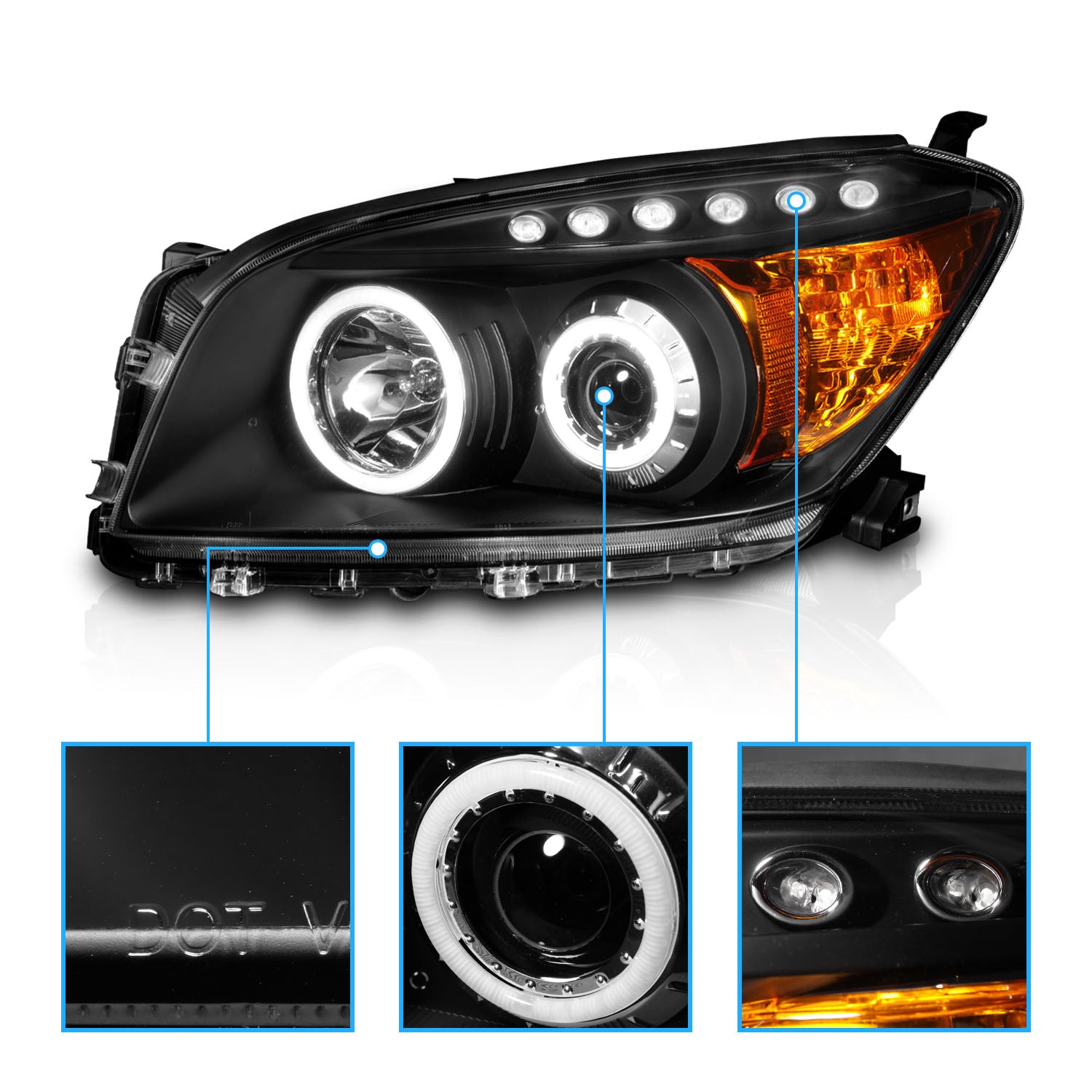 TOYOTA RAV-4 06-08 PROJECTOR HEADLIGHTS BLACK CLEAR AMBER (RX HALO)