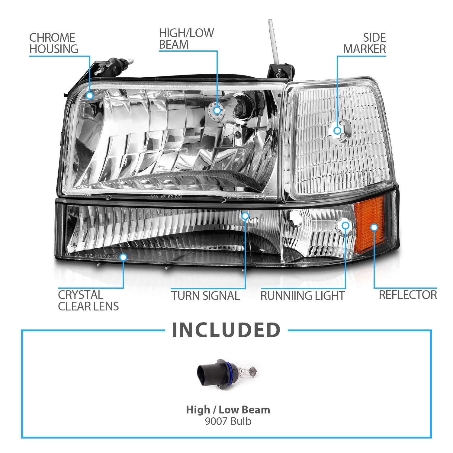 FORD F-150/BRONCO 92-96 HEADLIGHTS CHROME HOUSING 6PCS SET W/ CORNER, SIGNAL LIGHTS AMBER