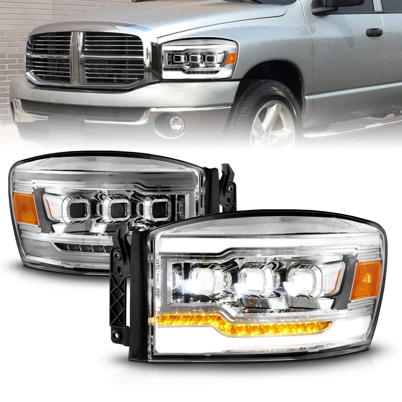 DODGE RAM 1500 06-08/ 2500/3500 06-09 FULL LED PROJECTOR LIGHT BAR STYLE HEADLIGHTS CHROME AMBER (SEQUENTIAL SIGNAL)