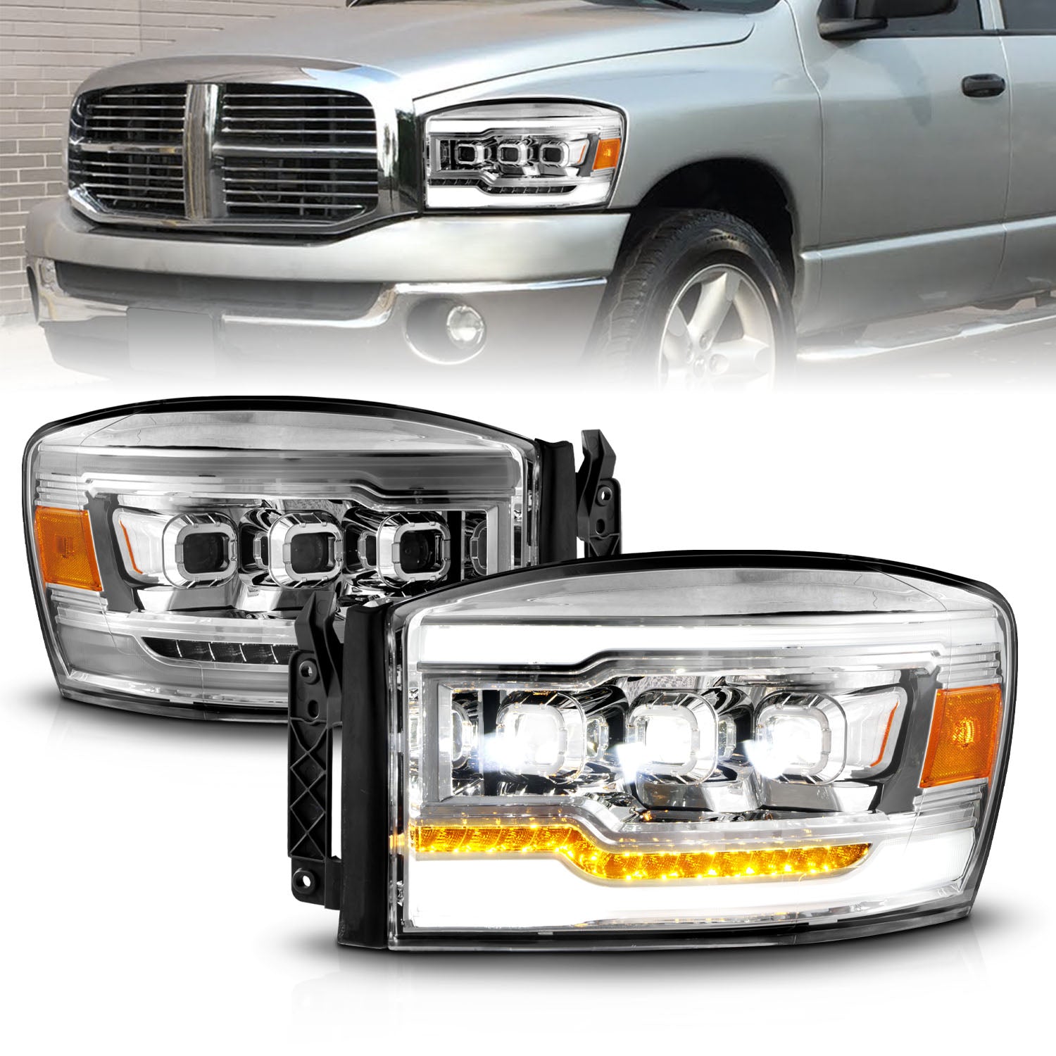 DODGE RAM 1500 06-08/ 2500/3500 06-09 FULL LED PROJECTOR LIGHT BAR STYLE HEADLIGHTS CHROME AMBER (SEQUENTIAL SIGNAL)