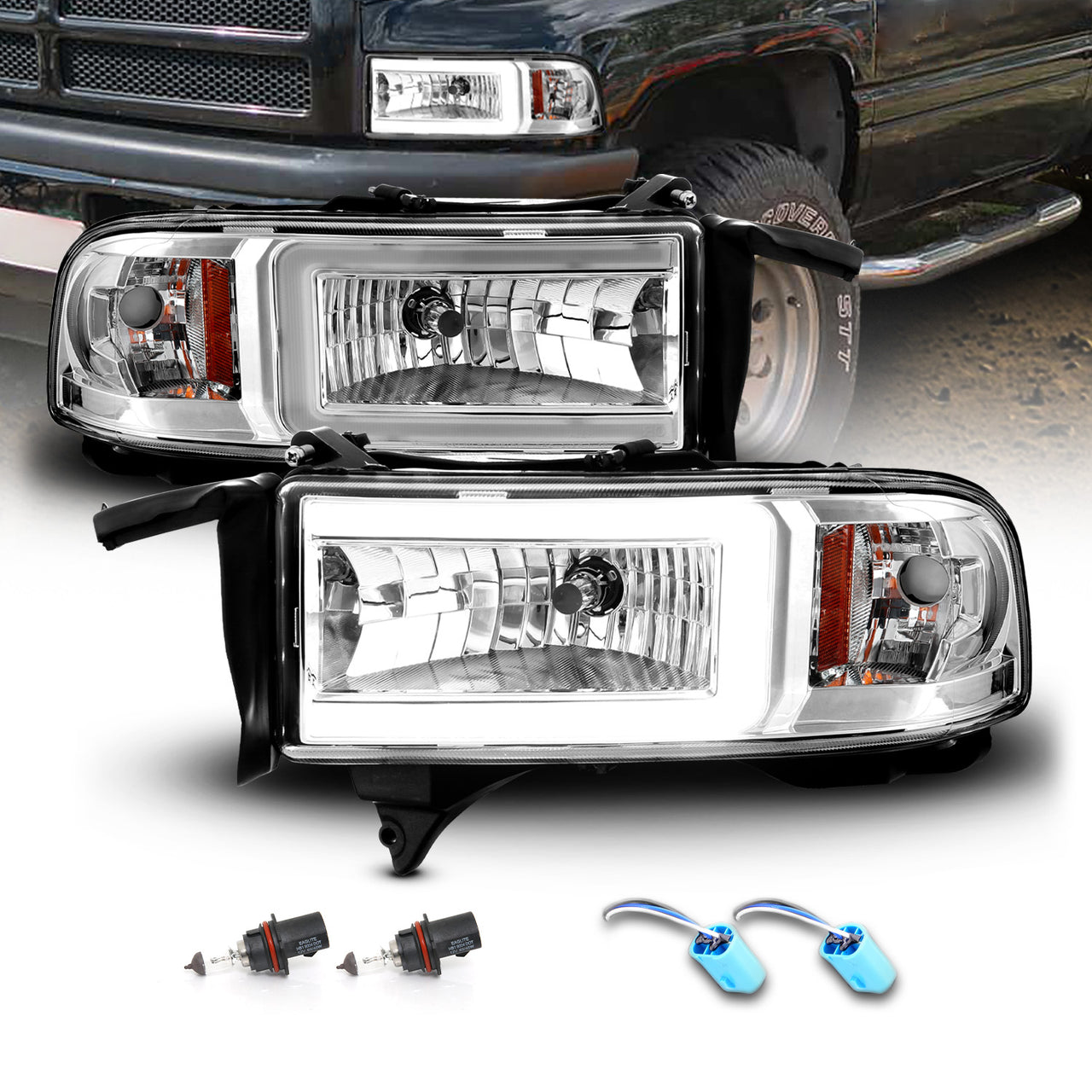 DODGE RAM 94-02 HEADLIGHTS CHROME AMBER (W/ C LIGHT BAR)