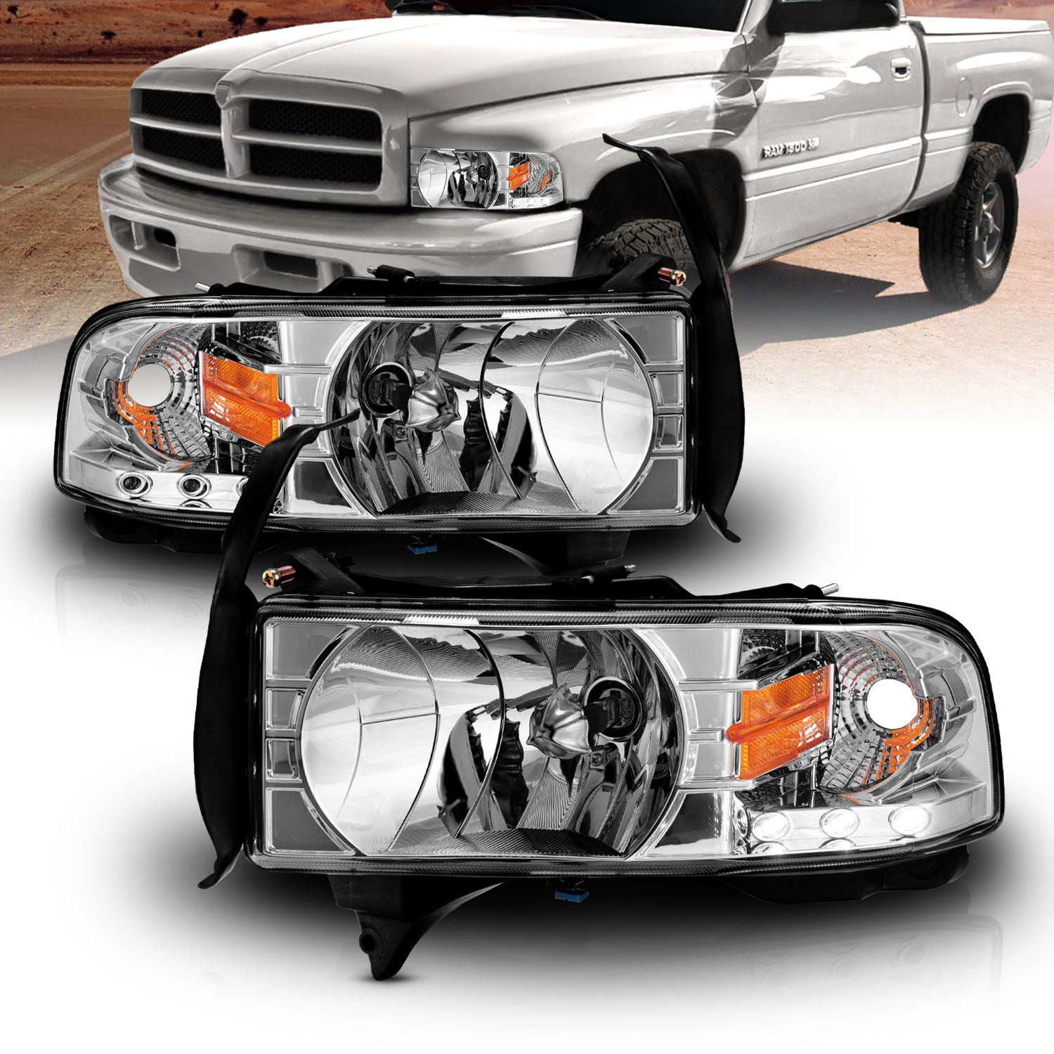 DODGE RAM 94-01 CRYSTAL HEADLIGHTS CHROME W/ LED AMBER