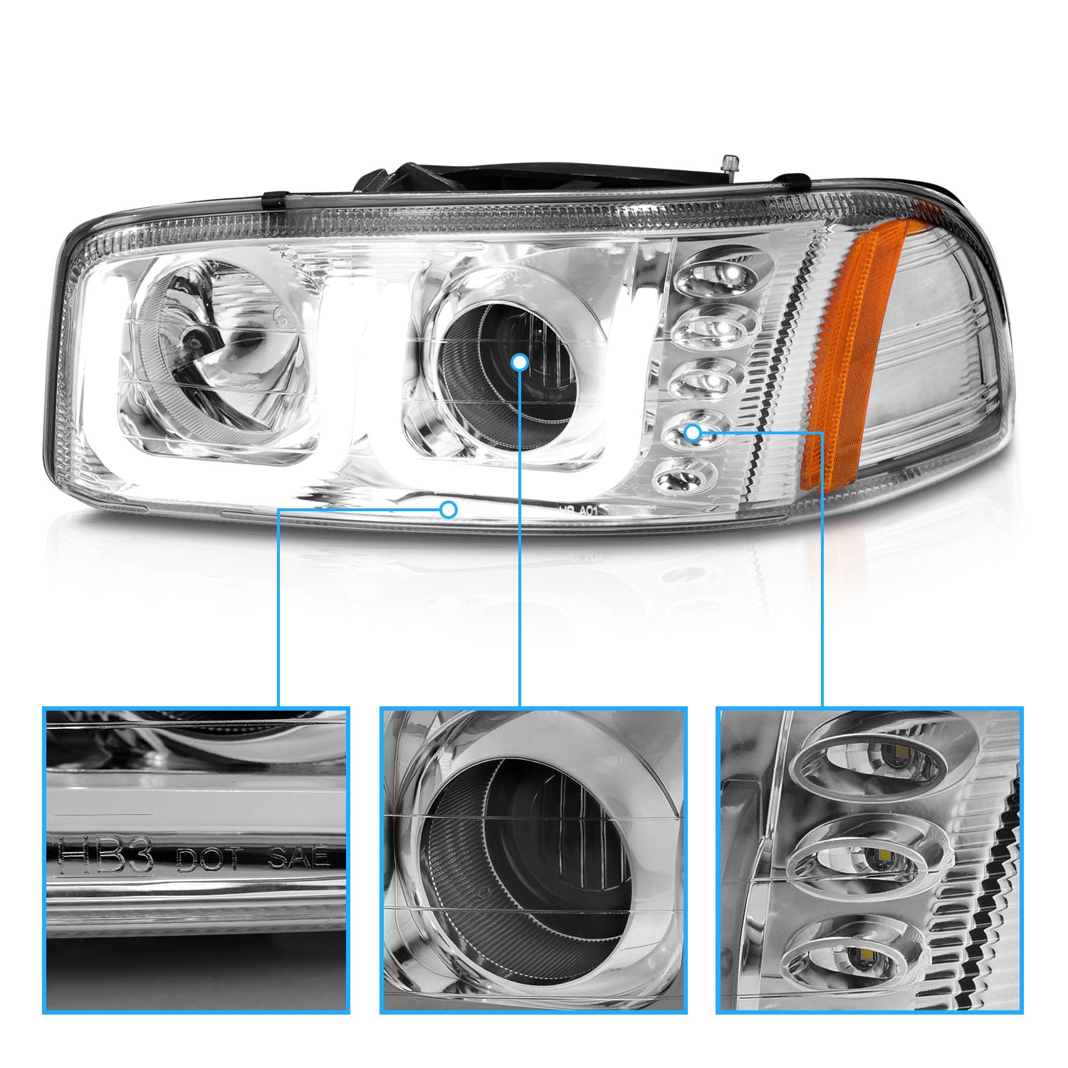GMC SIERRA C3 99-02/SIERRA DENALI 99-07/YUKON/YUKON XL/YUKON DENALI 00-06 PROJECTOR HEADLIGHTS U-BAR CHROME CLEAR AMBER