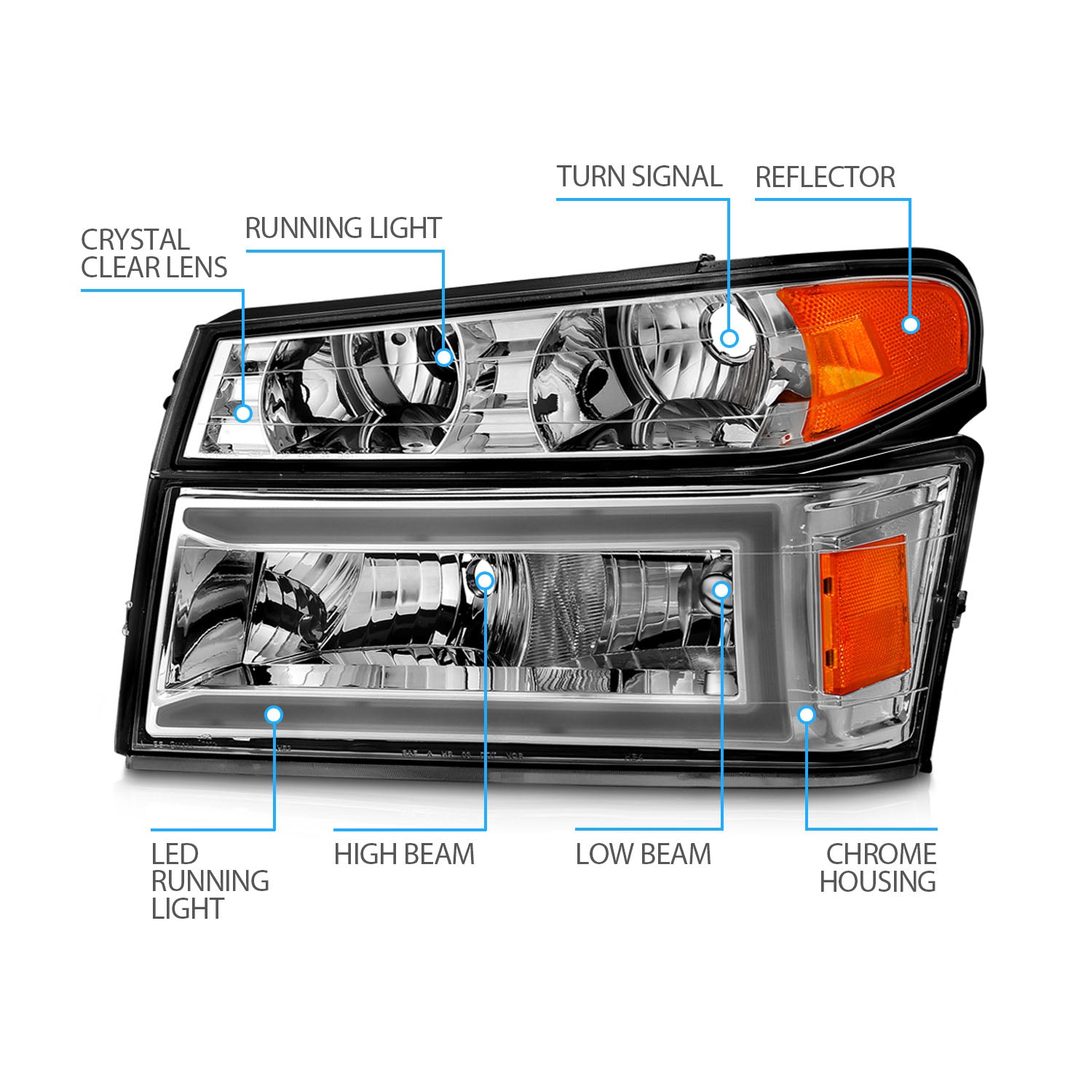 CHEVY COLORADO/GMC CANYON 04-12 HEADLIGHTS CHROME 4PCS W/ PARKING LIGHTS, C LIGHTS BAR