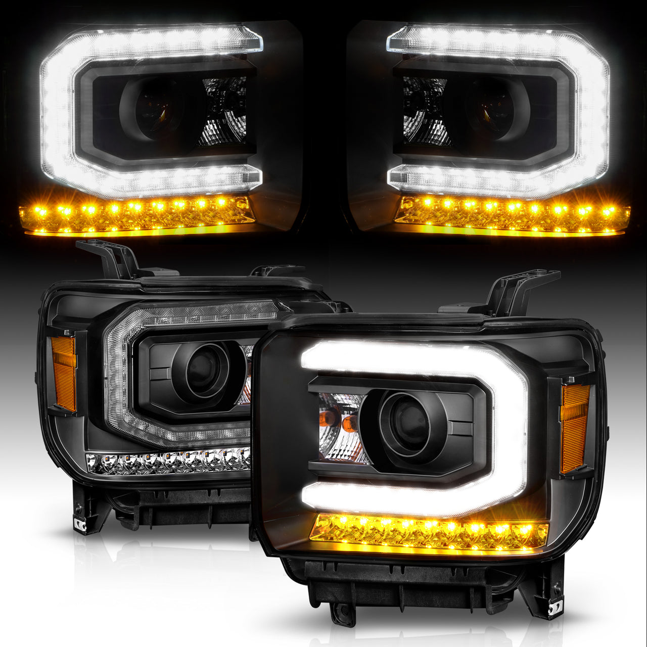 GMC SIERRA 1500 14-15/ 2500HD/3500HD 15-19 PROJECTOR  HEADLIGHTS LIGHT BAR BLACK  (HALOGEN TYPE MODEL W/ FACTORY DRL)
