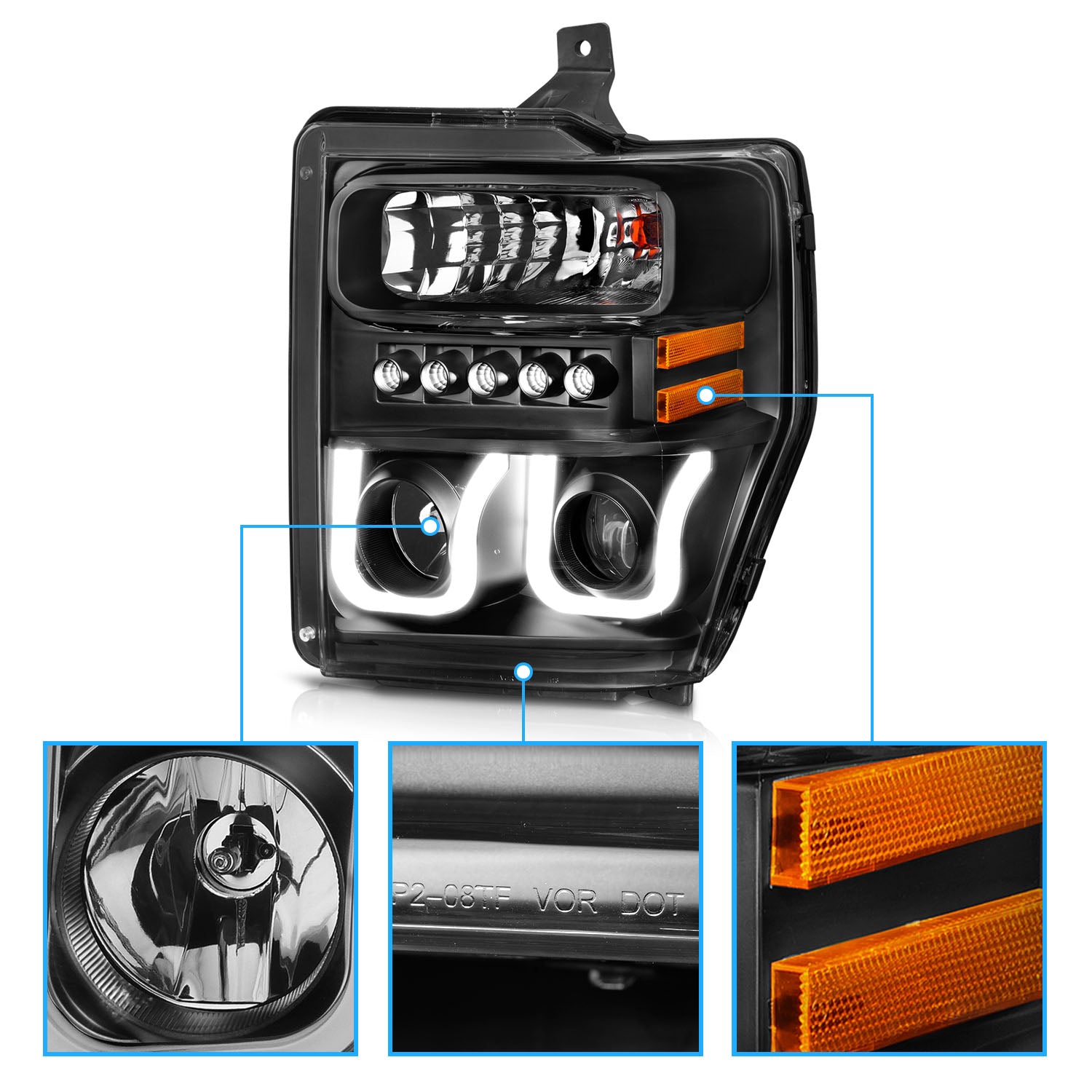 FORD F-250/SUPER DUTY 08-10 PROJECTOR U-BAR STYLE HEADLIGHTS BLACK CLEAR AMBER