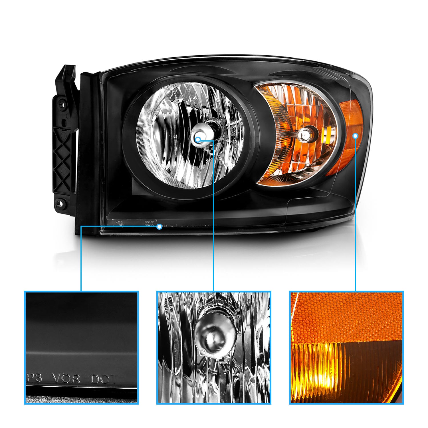 DODGE RAM 1500 06-08/ 2500/3500 06-09  HEADLIGHTS BLACK AMBER