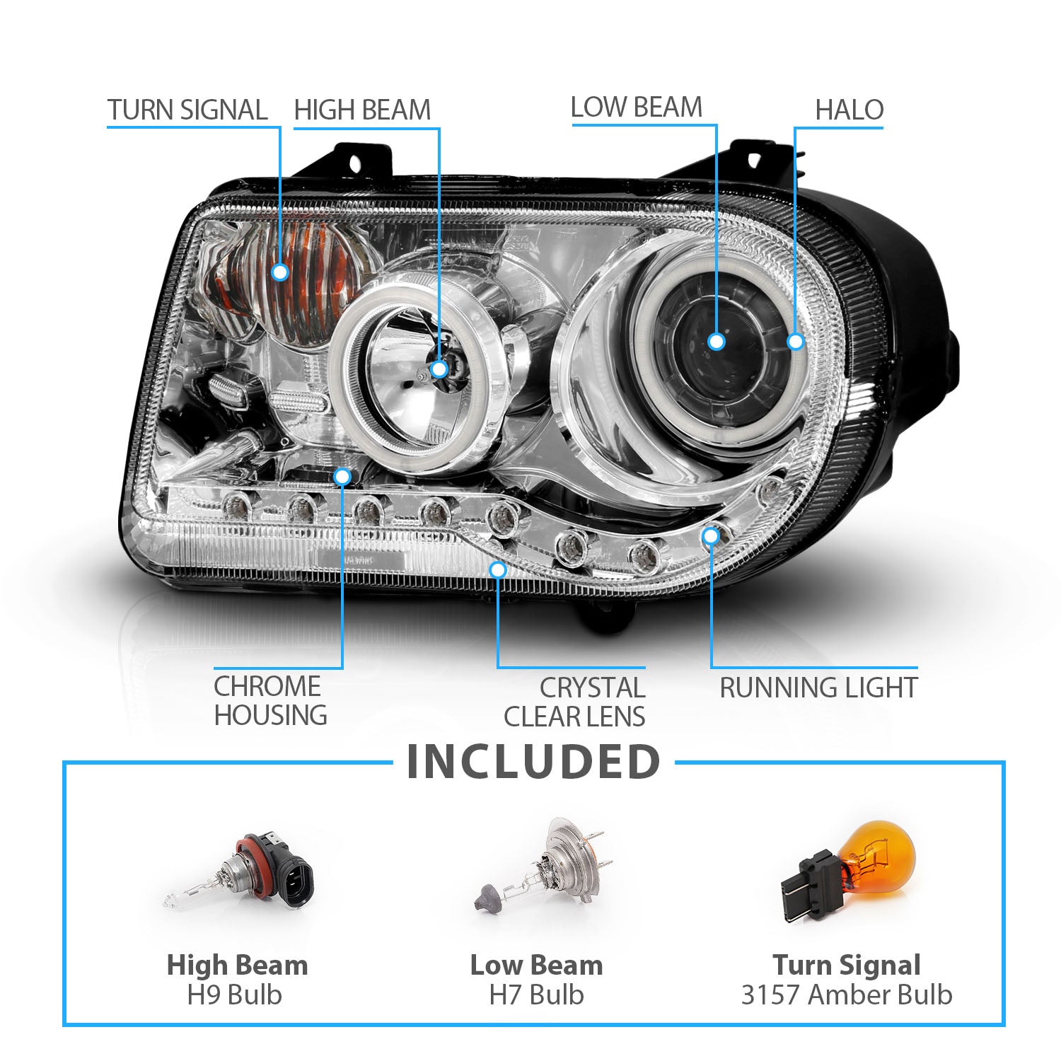CHRYSLER 300C 05-UP PROJECTOR HEADLIGHTS G2 HALO LED CHROME (RX HALO) (W/O HID KITS) (OEM HID COMPATIBLE)