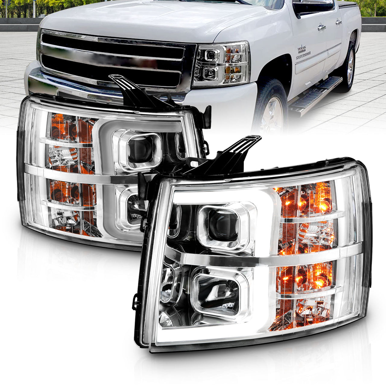 CHEVY SILVERADO 1500/2500/3500 07-13/1500 HYBRID 09-13 LIGHT BAR STYLE HEADLIGHTS CHROME AMBER