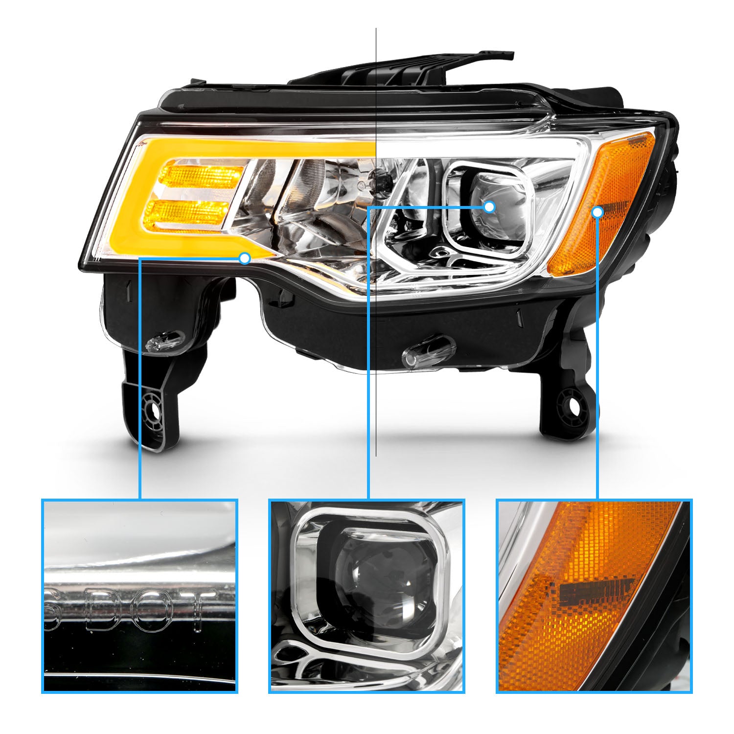 JEEP GRAND CHEROKEE 17-18 HEADLIGHTS PROJECTOR LIGHT BAR STYLE SWITCHBACK HEADLIGHTS CHROME AMBER