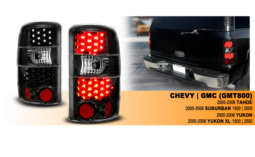 CHEVY TAHOE/SUBURBAN/GMC DENALI 00-06 LED TAIL LIGHTS  CLEAR LENS BLACK HOUSING BLACK LED REFLECTOR