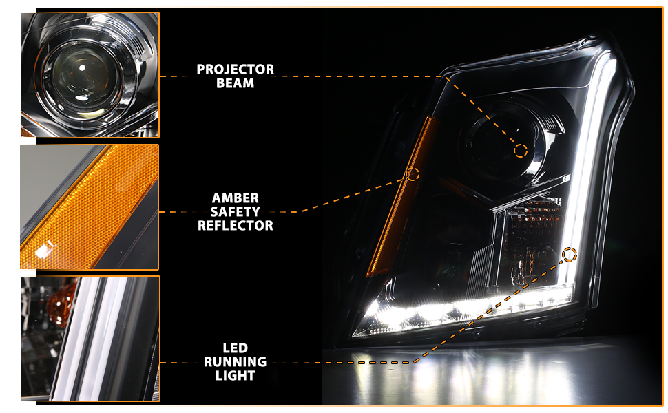 CADILLAC SRX 10-12 PROJECTOR LIGHT BAR STYLE HEADLIGHTS BLACK CLEAR AMBER