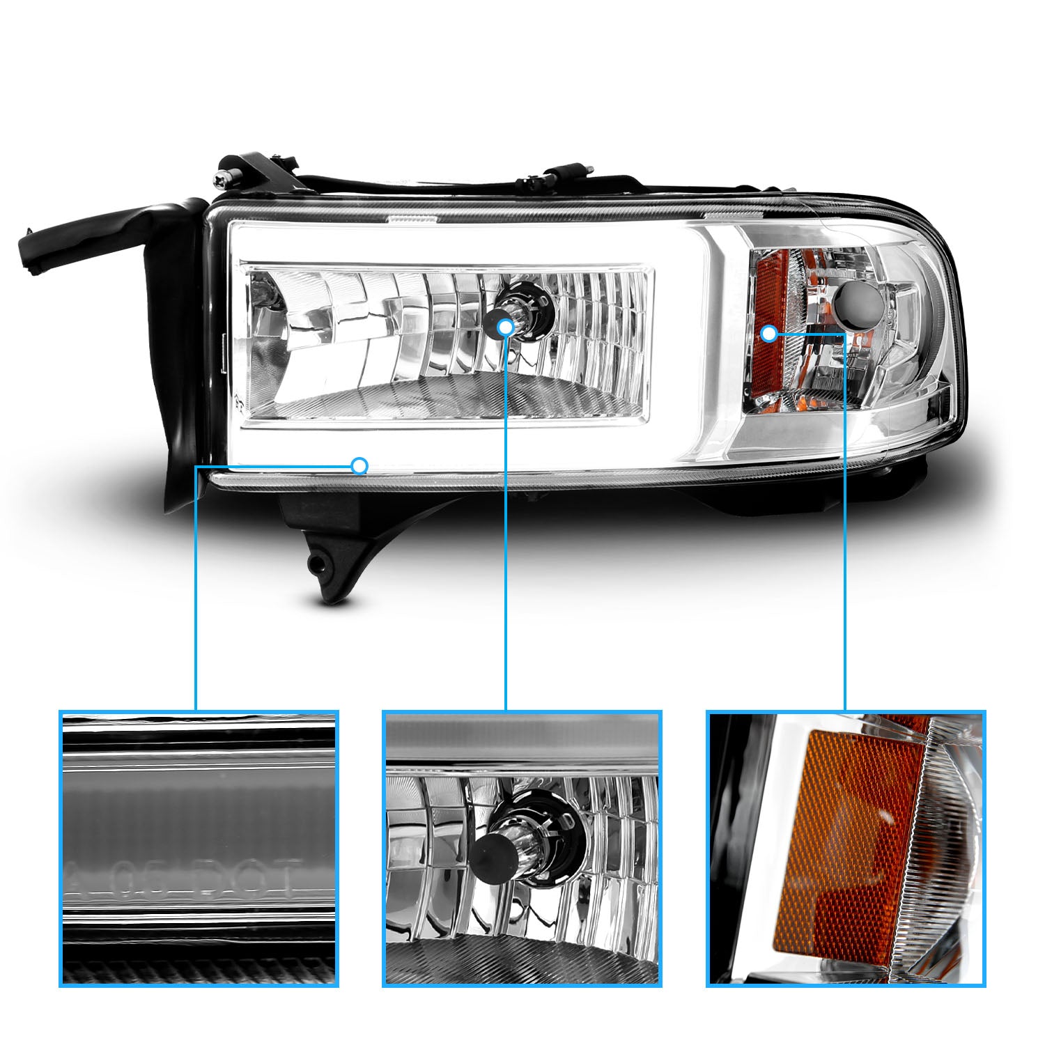 DODGE RAM 94-02 HEADLIGHTS CHROME AMBER (W/ C LIGHT BAR)