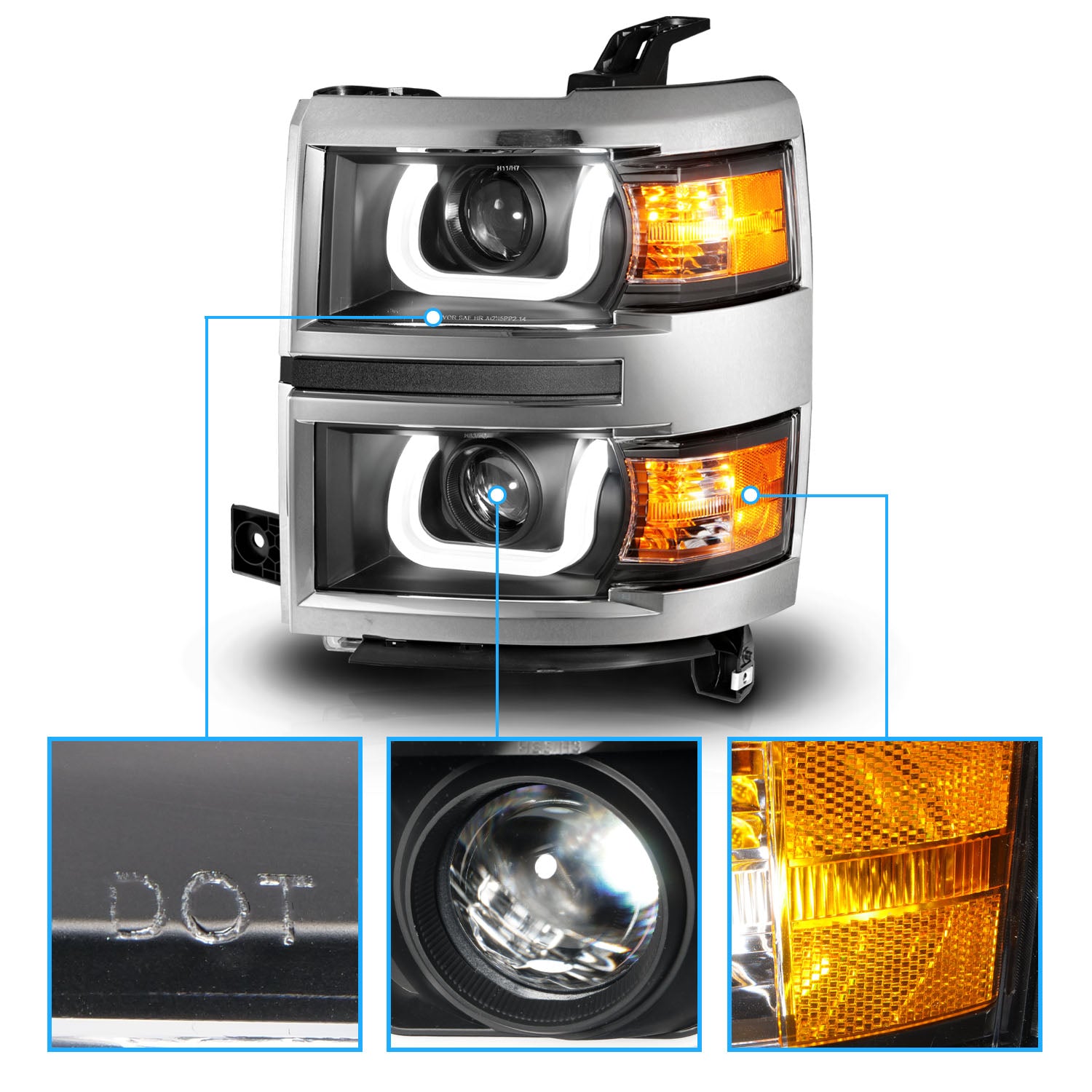 CHEVY SILVERADO 14 PROJECTOR U-BAR STYLE HEADLIGHTS BLACK CLEAR W/ CHROME TRIM AMBER