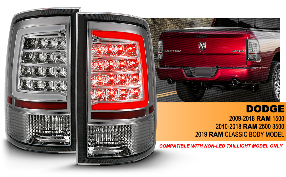 DODGE RAM 1500 09-18/ 2500 3500 10-18 LED TAIL LIGHTS CHROME HOUSING CLEAR LENS W/ C LIGHT BAR (NOT COMPATIBLE W/ ORIGINAL LED VERSION)