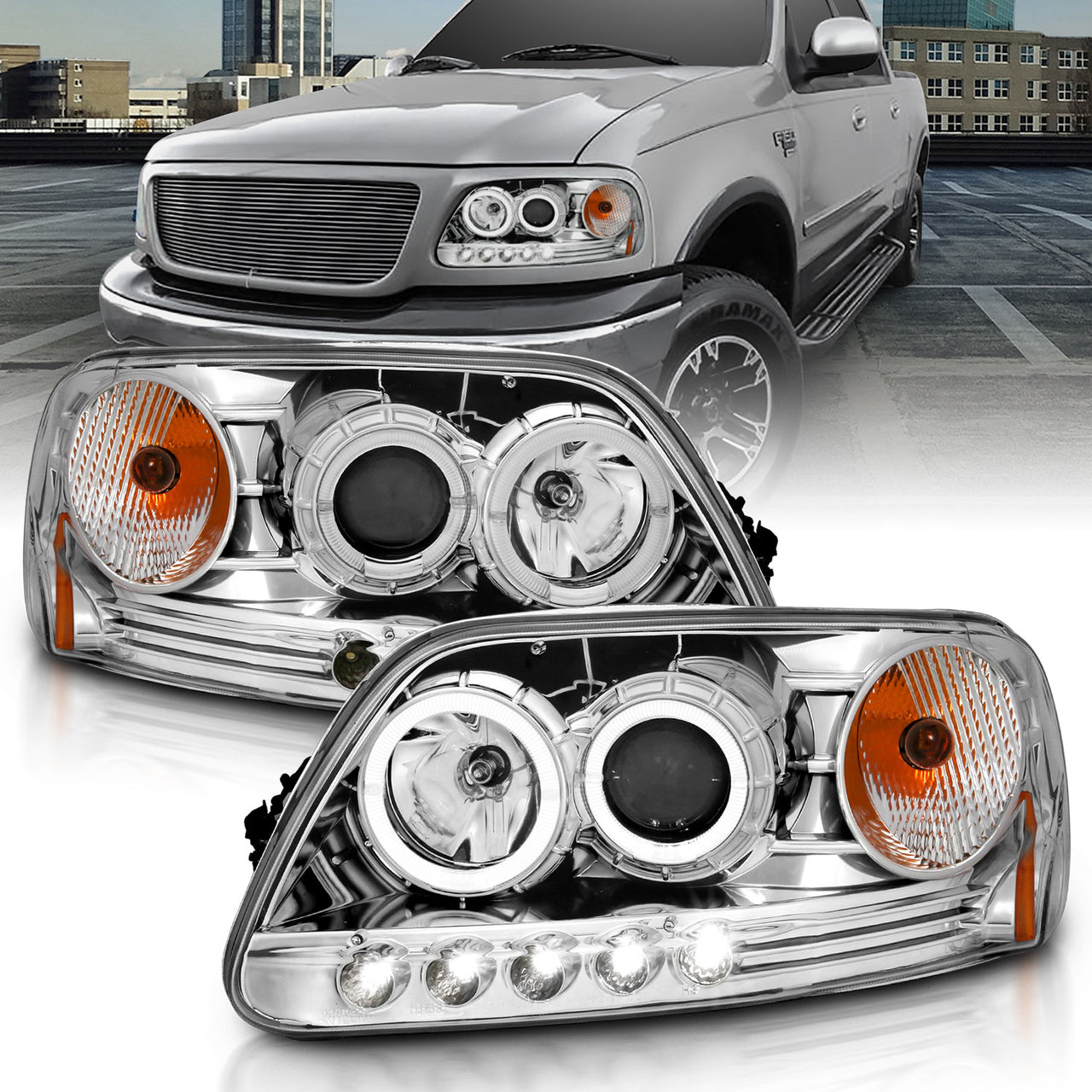 FORD F-150 97-04 (01-04: XL/XLT/LARIAT MODEL: W/O STX OR HERITAGE EDITION) PROJECTOR HEADLIGHTS HALO LED CHROME CLEAR AMBER
