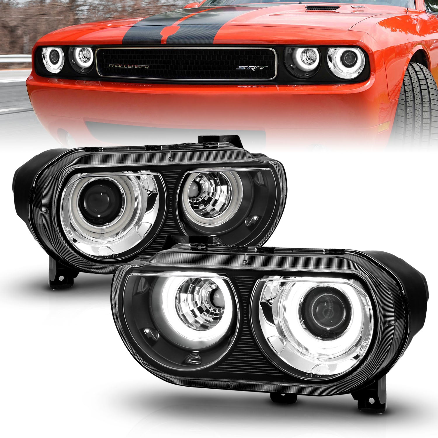 DODGE CHALLENGER 08-14 PROJECTOR HEADLIGHTS DUAL HALO BLACK CLEAR (RX HALO)