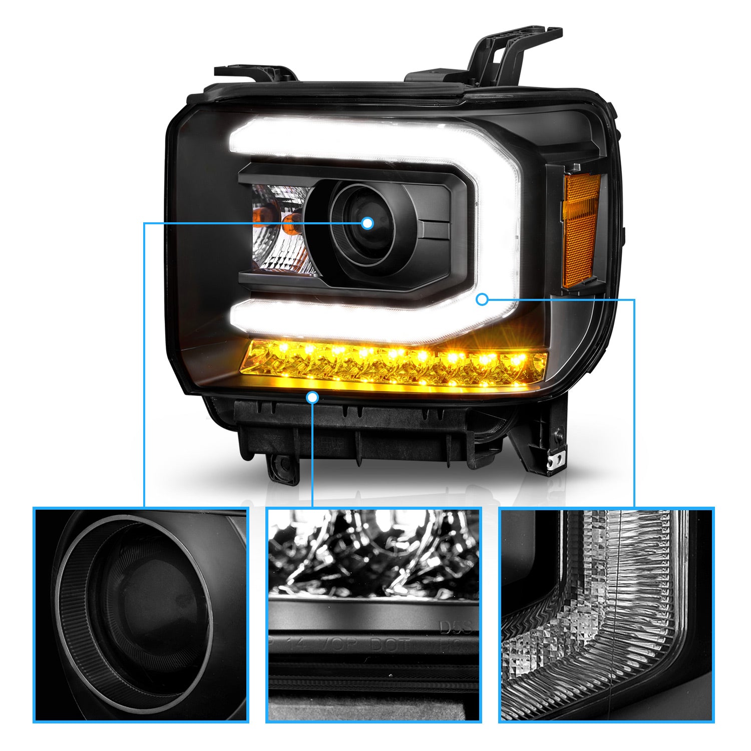 GMC SIERRA 1500 14-15/ 2500HD/3500HD 15-19 PROJECTOR  HEADLIGHTS LIGHT BAR BLACK  (HALOGEN TYPE MODEL W/ FACTORY DRL)
