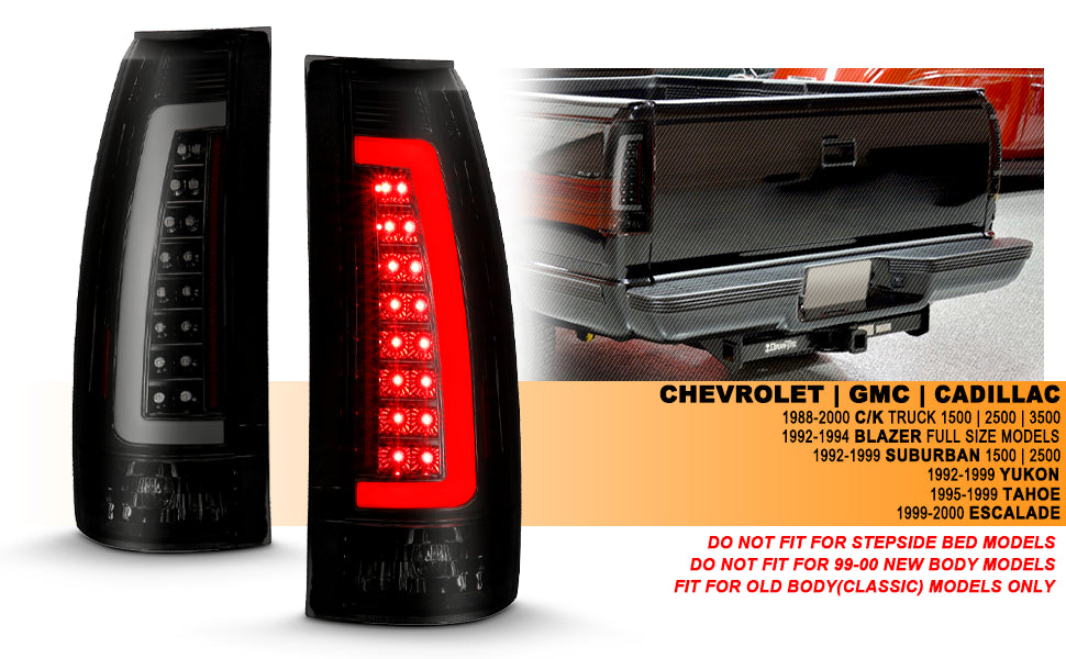 Chevy/GMC C/K 1500/2500/3500 88-99, SUBURBAN/YUKON 92-00, TAHOE 94-00, BLAZER 92-94, CADILLAC ESCALADE 99-00 LED C-BAR TAIL LIGHTS BLACK HOUSING SMOKE LENS