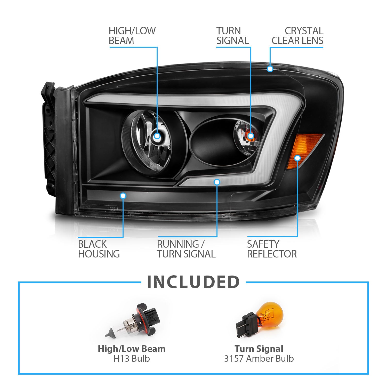DODGE RAM 1500 06-08/ 2500/3500 06-09   SWITCHBACK HEADLIGHTS BLACK AMBER (W/ C LIGHT BAR)