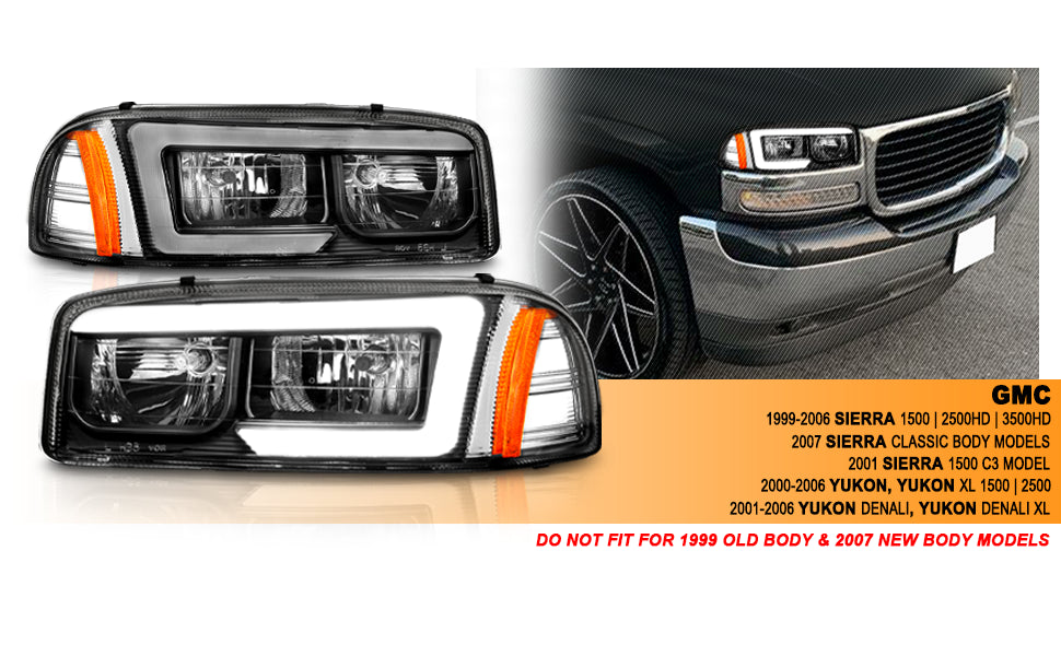 GMC SIERRA/SIERRA DENALI 99-07/SIERRA CLASSIC 2007/ YUKON/YUKON XL/YUKON DENALI 00-06 HEADLIGHTS  BLACK AMBER  (W/ C LIGHT BAR)