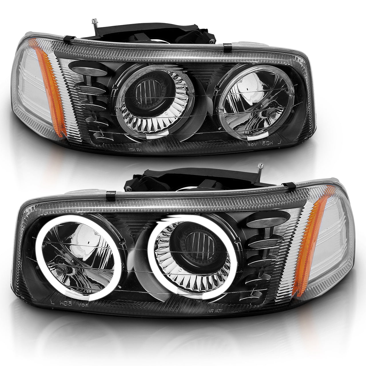 GMC SIERRA/SIERRA DENALI 99-07/SIERRA CLASSIC 2007/ YUKON/YUKON XL/YUKON DENALI 00-06 PROJECTOR HEADLIGHTS HALO BLACK CLEAR AMBER